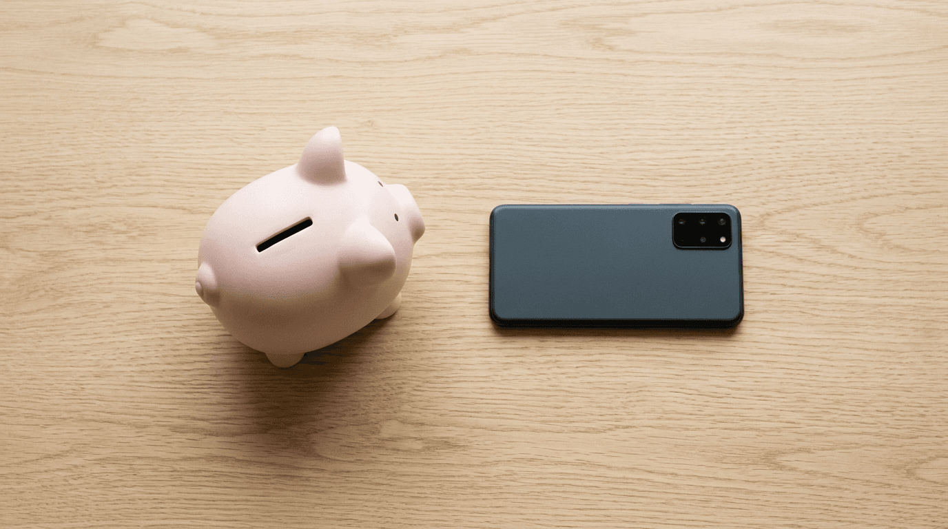 Smartphone next to a piggy bank