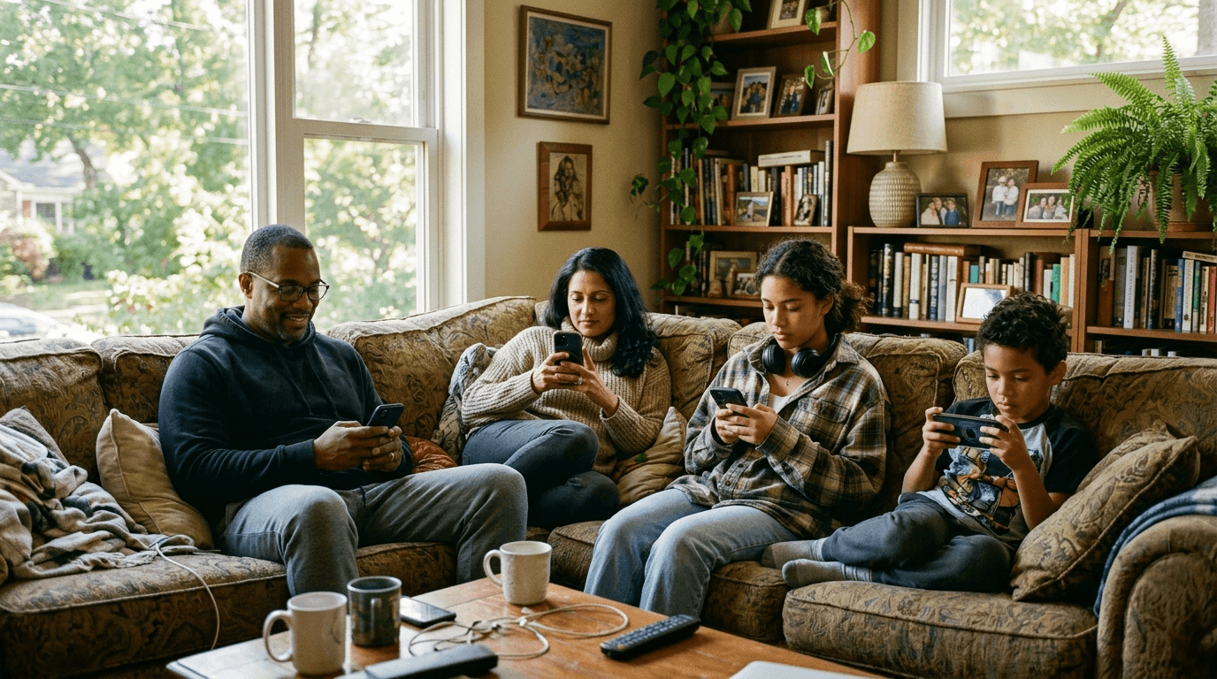 Family using smartphones together at home