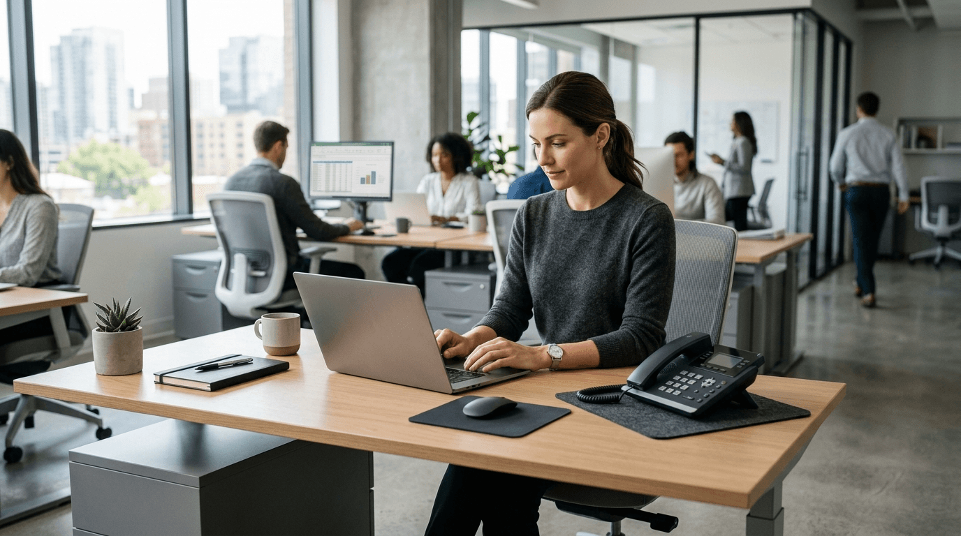 Business phone and laptop on an office desk