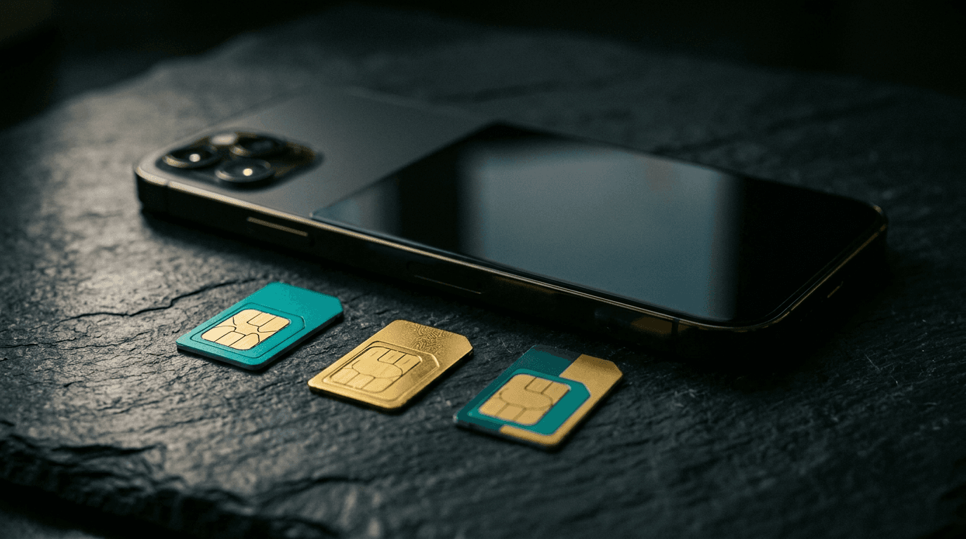 SIM cards and smartphone on dark slate surface
